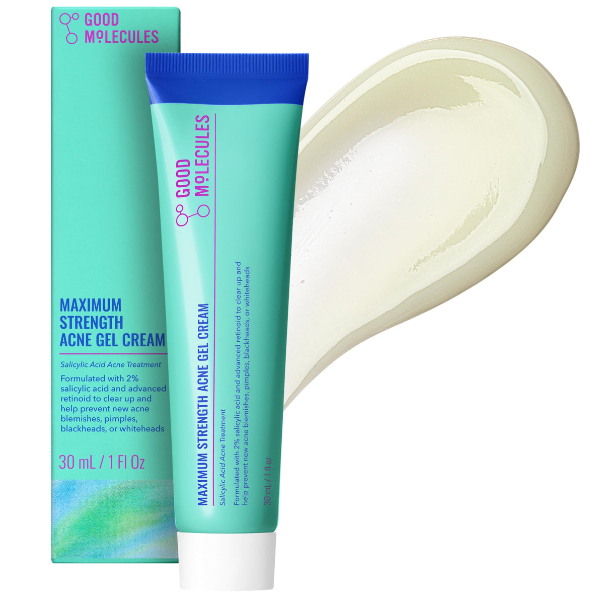 Good Molecules front tube showing brand and clear acne treatment benefits