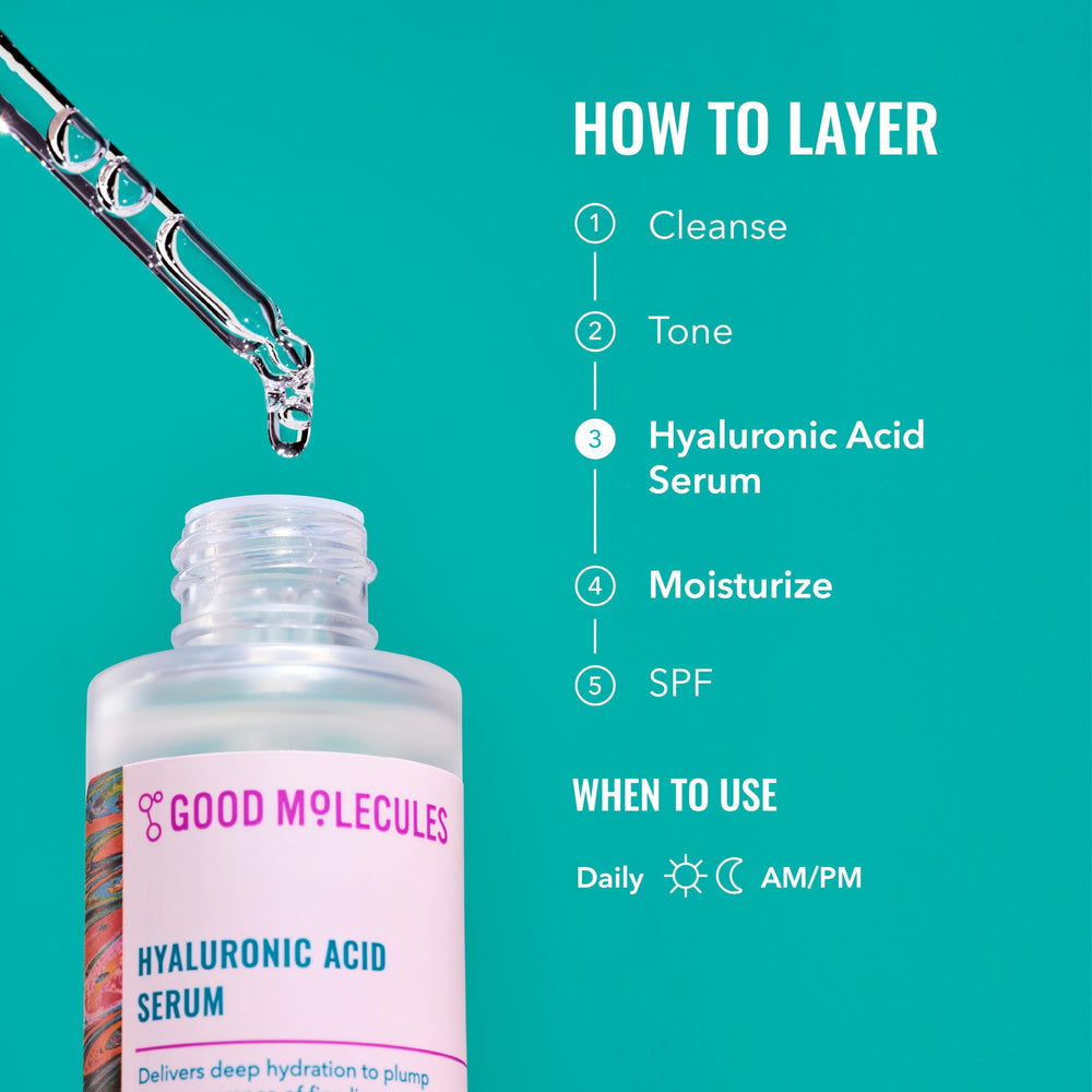 Good Molecules serum being applied to hand demonstrating immediate hydration