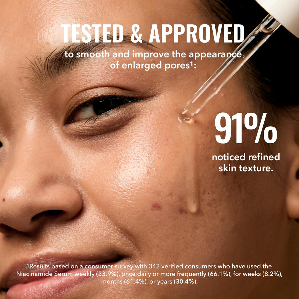 Label close-up with ingredient list and niacinamide 10% displayed for formulation transparency benefit
