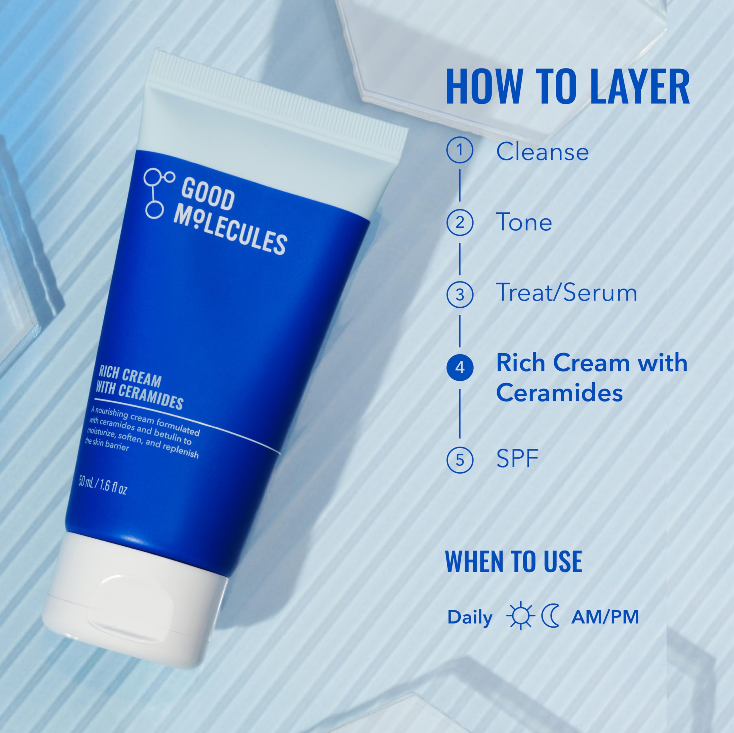 Good Molecules jar on bathroom shelf in routine setting showing everyday use