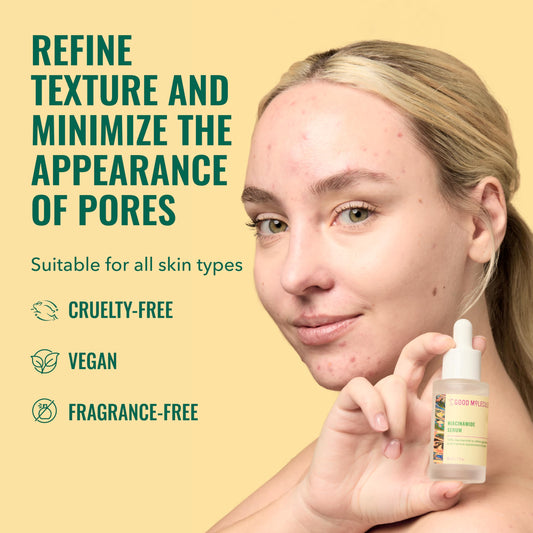 Good Molecules serum dropper closeup highlighting precise application benefit