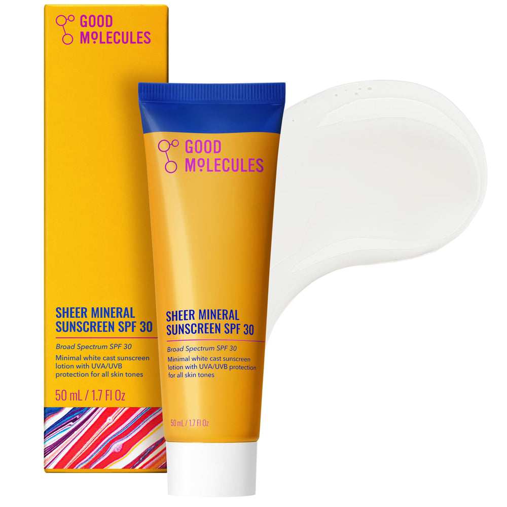 Good Molecules front packaging showing sunscreen tube and benefit of clear protection