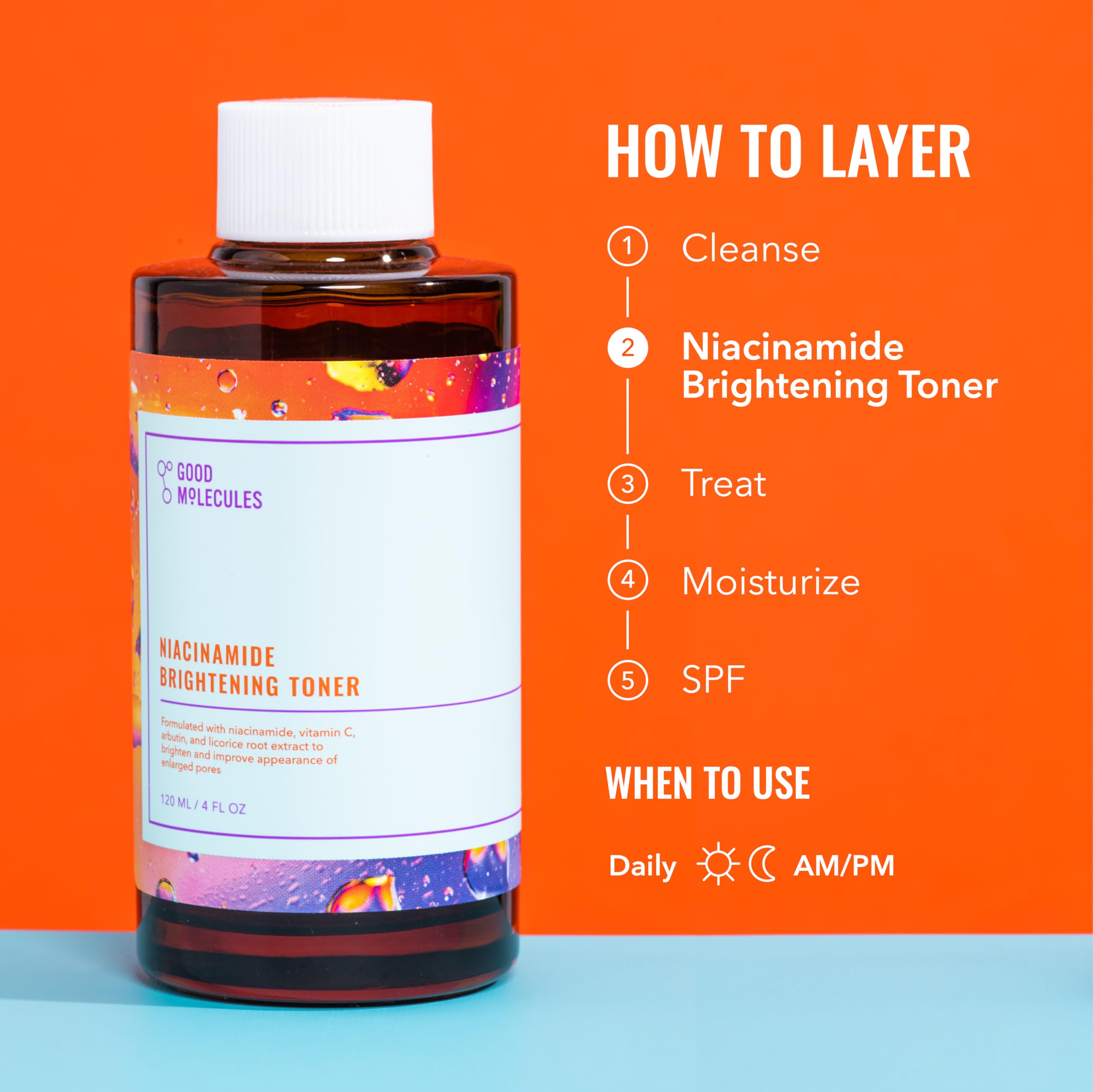 Good Molecules toner on bathroom shelf suggesting everyday use