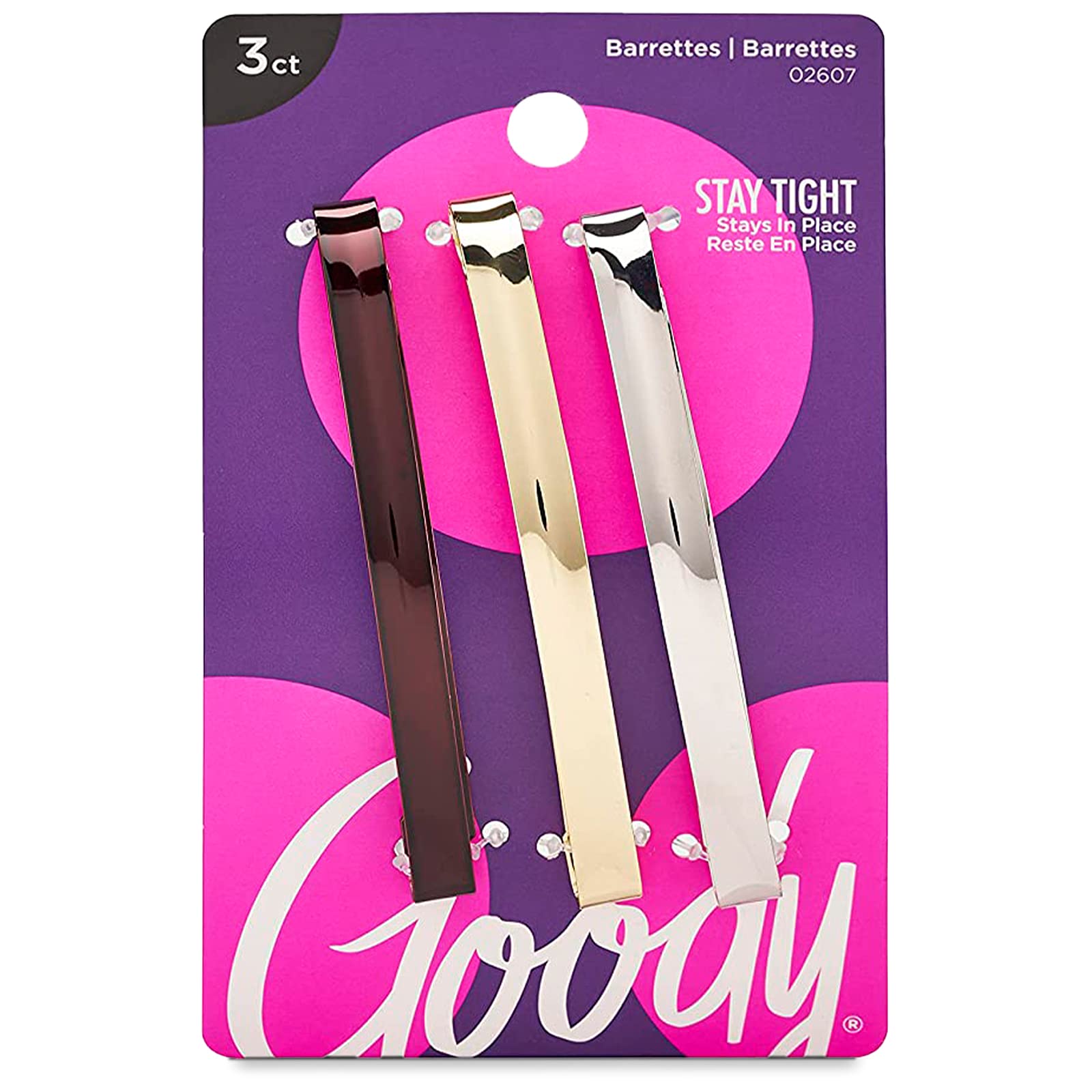 Goody barrettes front packaging showing three clips and compact convenience