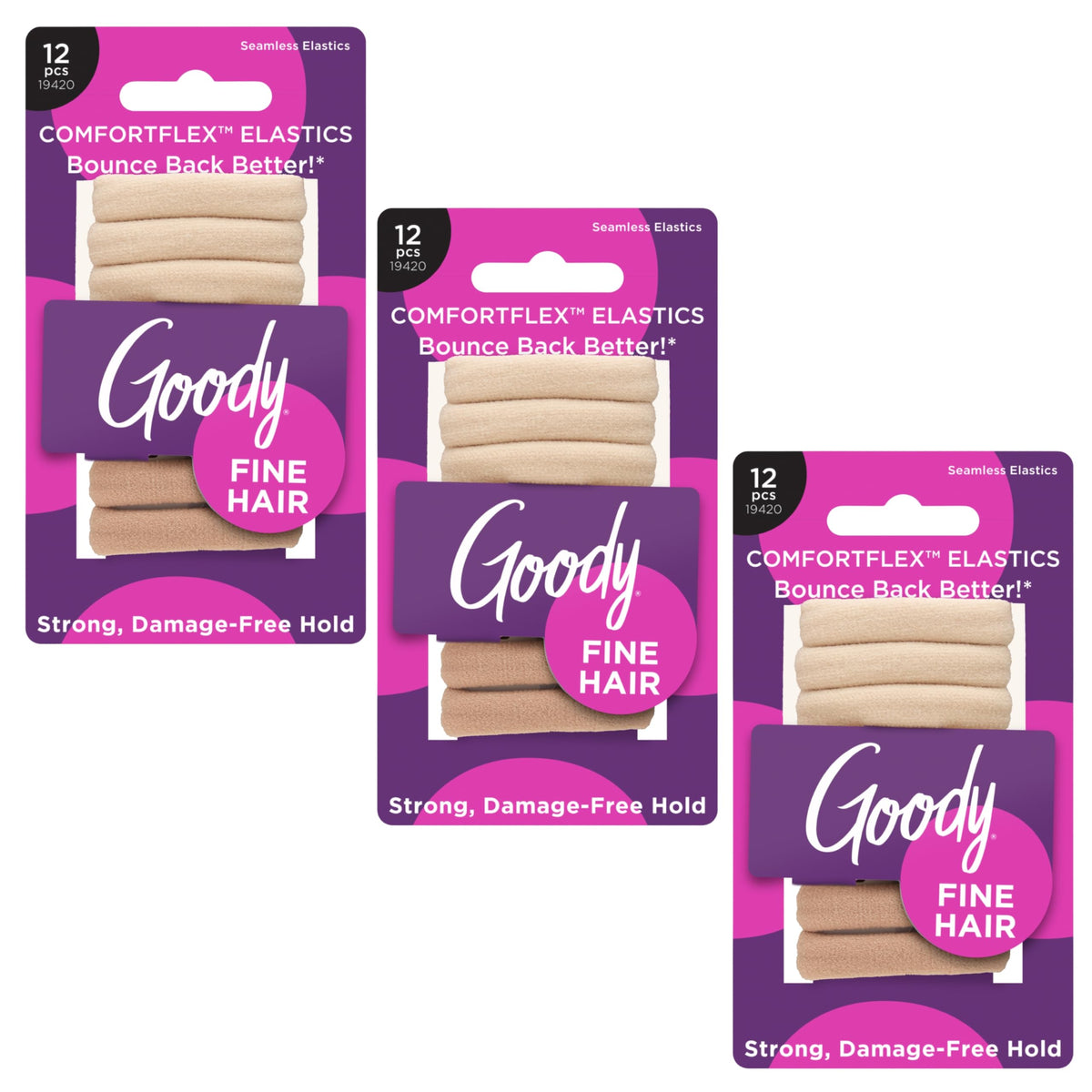 GOODY front packaging showing 12-count blonde elastics and benefits