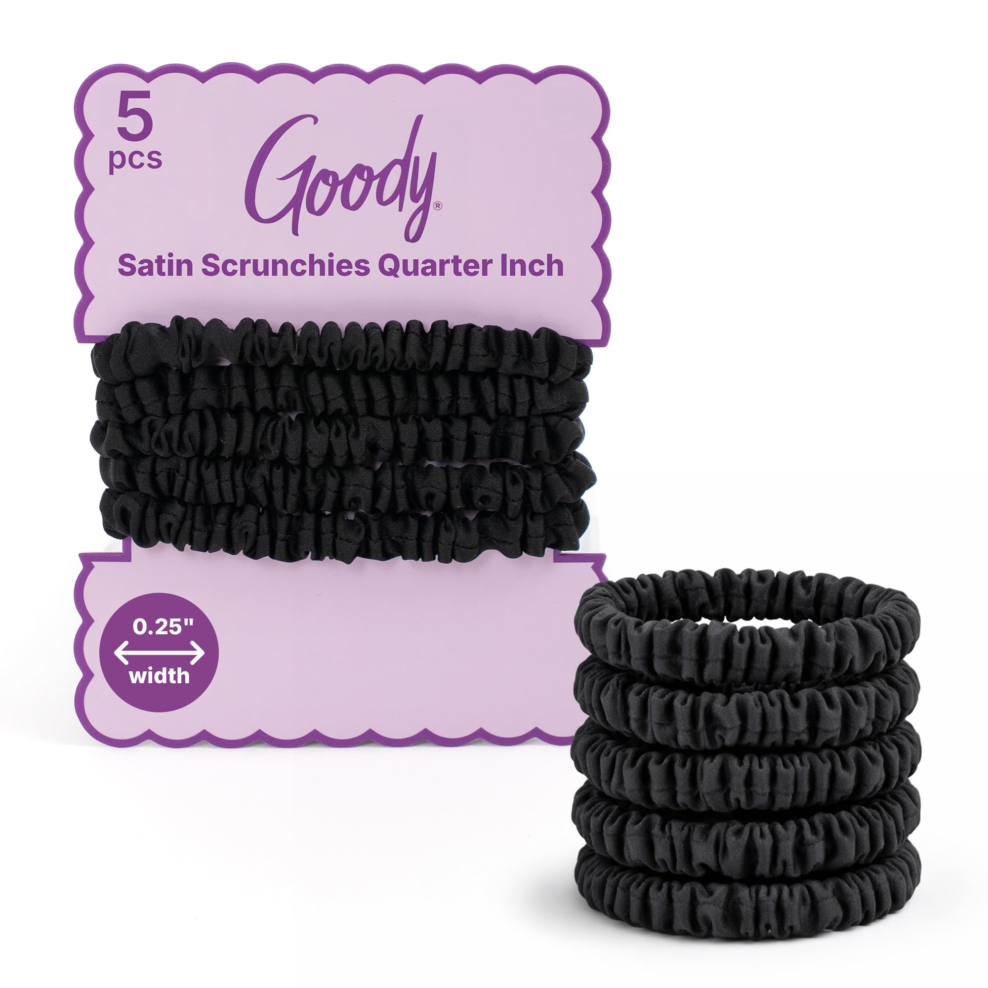 Goody front pack of black satin scrunchies showing sleek look and everyday use
