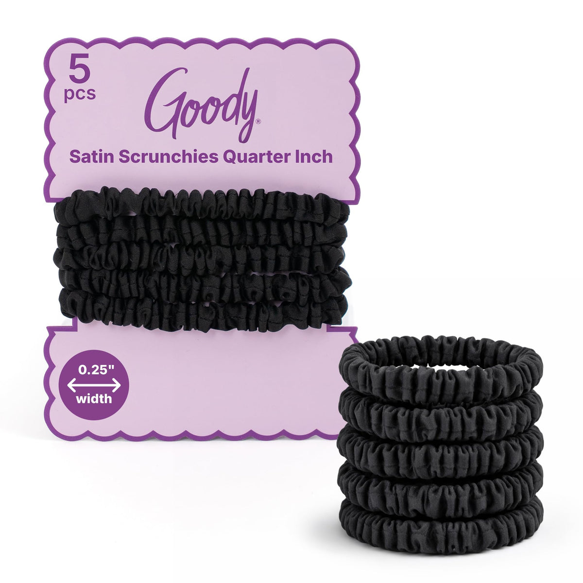 Goody front pack of black satin scrunchies showing sleek look and everyday use