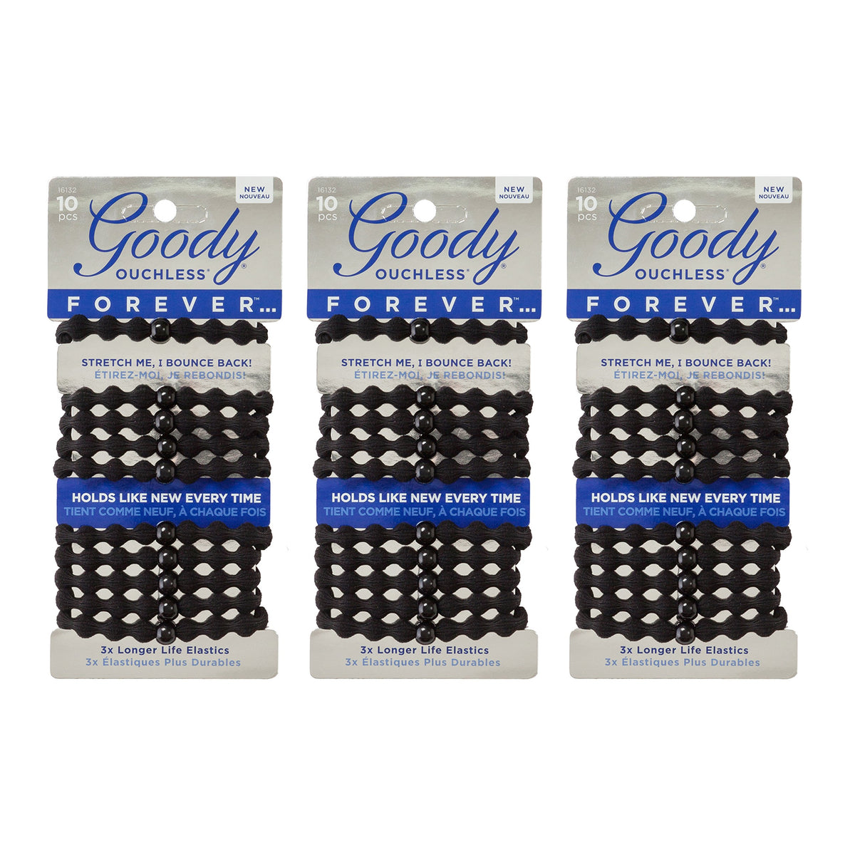 GOODY front packaging showing three braided elastics and durable design benefit