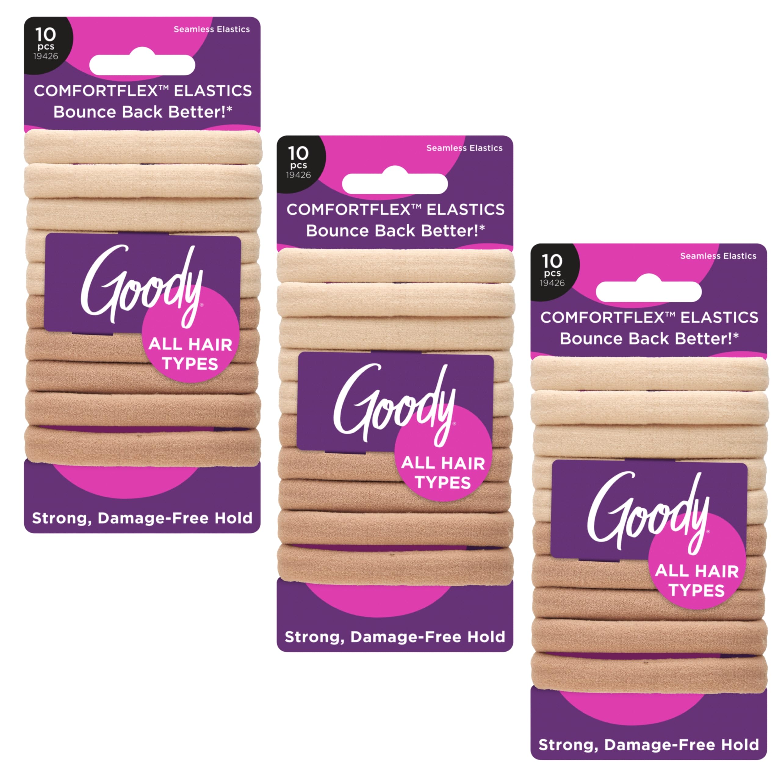 Goody front packaging ComfortFlex blonde elastics showing count and benefits