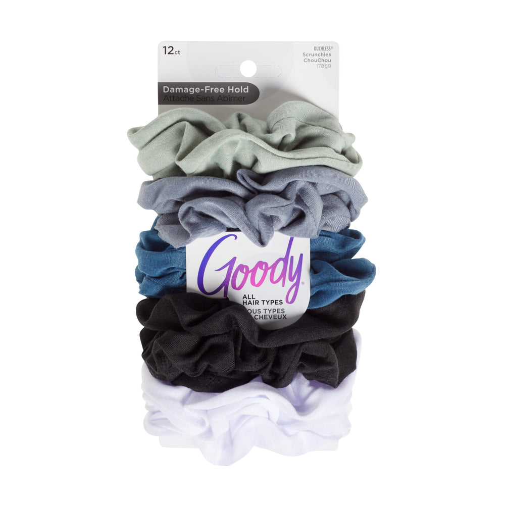 goody front packaging showing 12 cool-tone scrunchies and organized set benefit