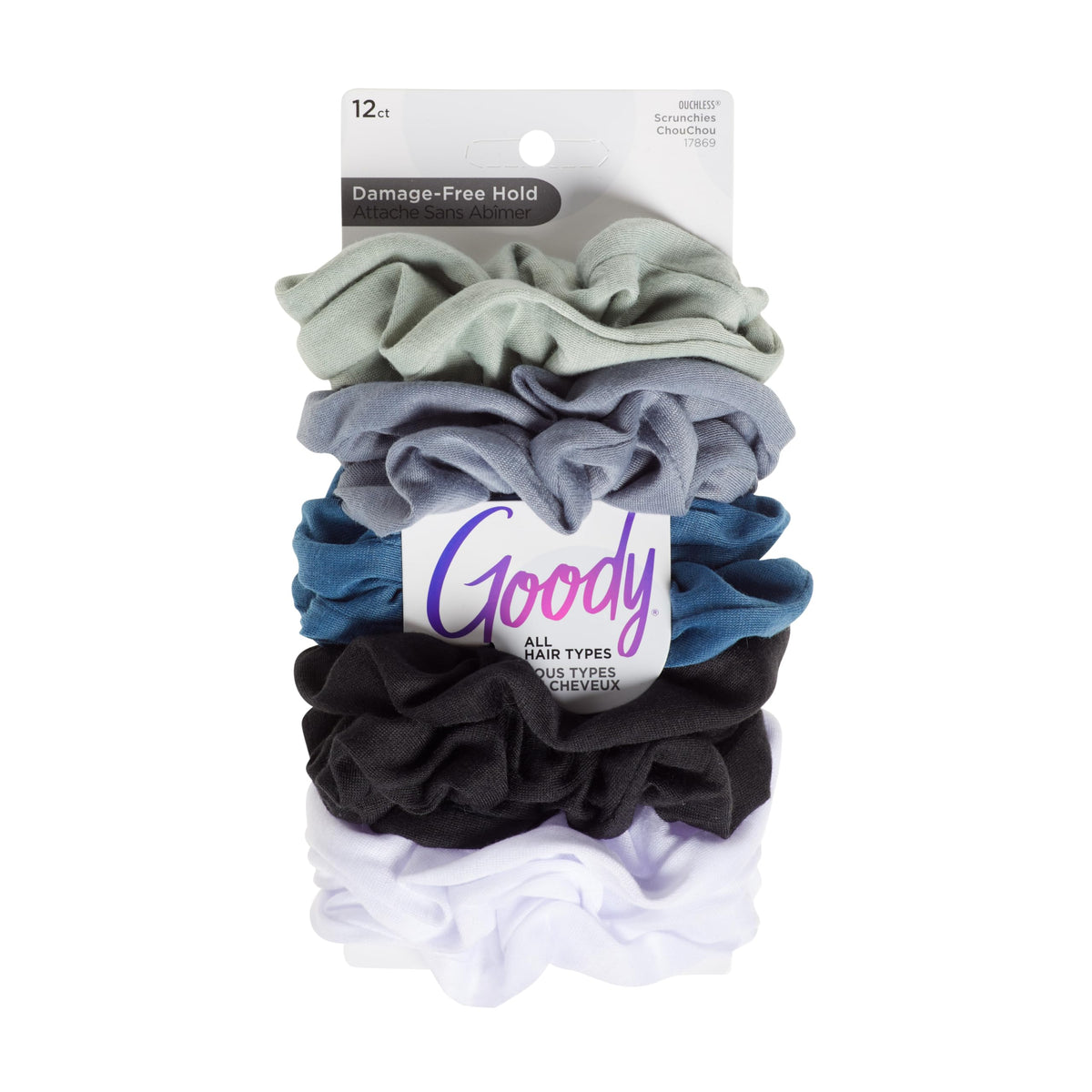 goody front packaging showing 12 cool-tone scrunchies and organized set benefit