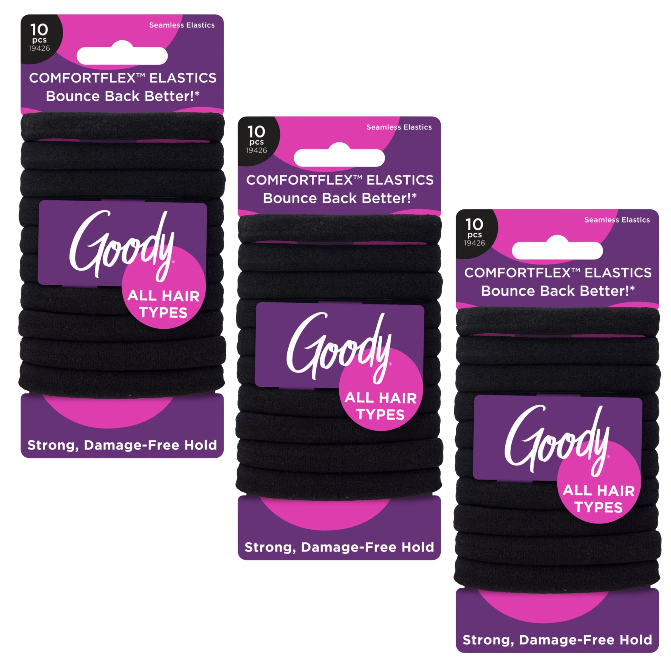 GOODY front packaging showing black ComfortFlex elastics and pack details, quick-pick benefit