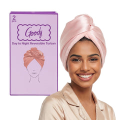 GOODY front view of reversible turban showing both fabrics and benefits