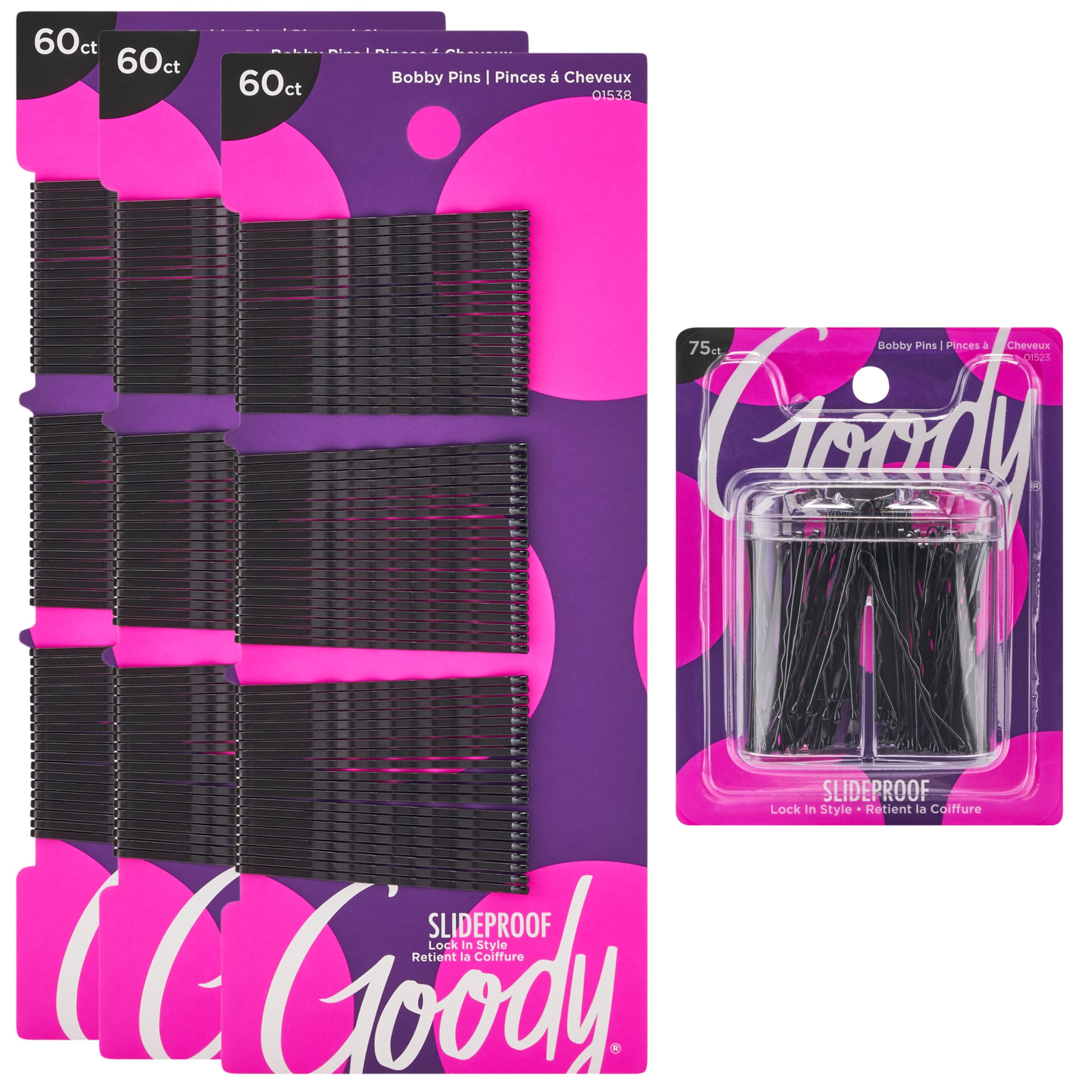 Goody front packaging showing 255-piece black bobby pin kit and magnetic holder for convenience
