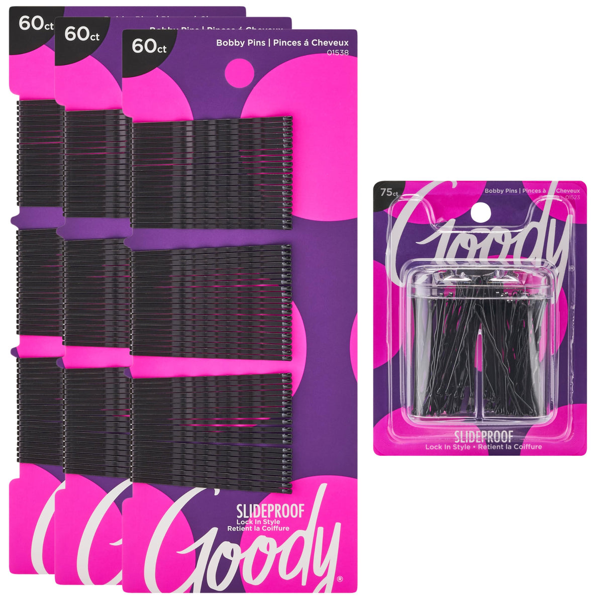 Goody front packaging showing 255-piece black bobby pin kit and magnetic holder for convenience