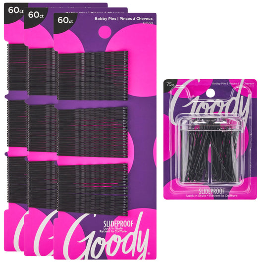 Goody front packaging showing 255-piece black bobby pin kit and magnetic holder for convenience