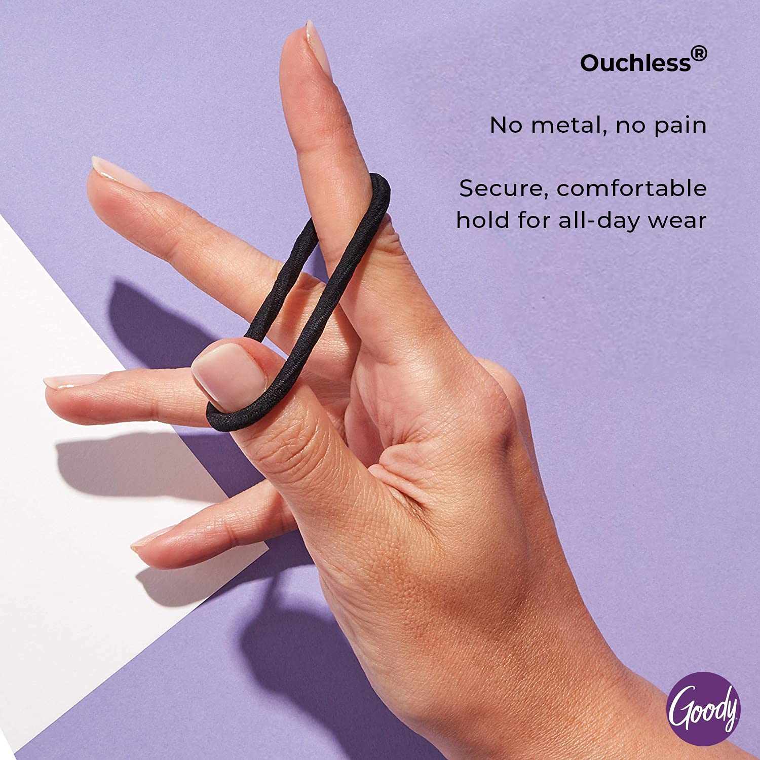 Goody hair tie holding a medium ponytail comfortably during activity