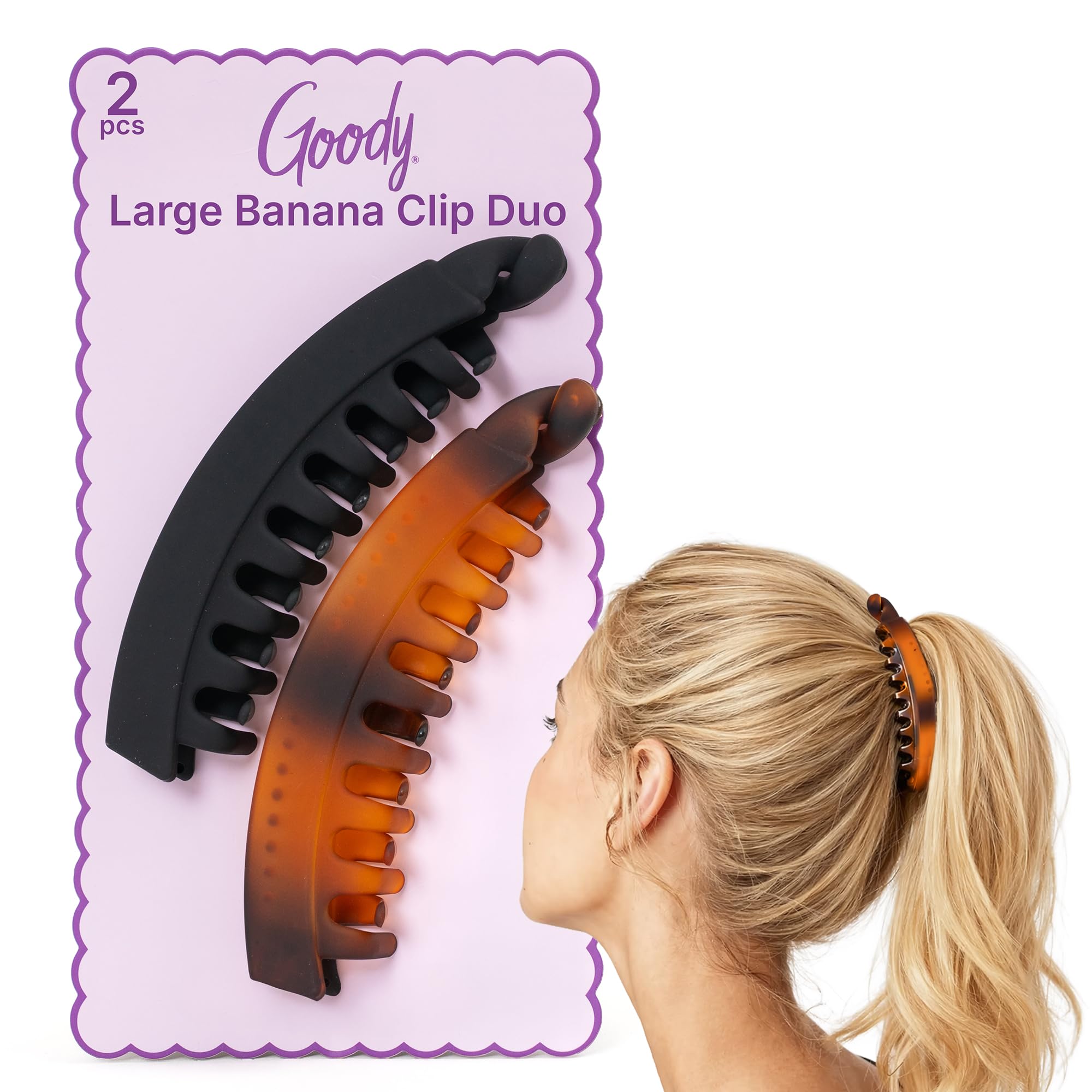 GOODY front view of two banana clips showing polished finishes and versatile style benefits