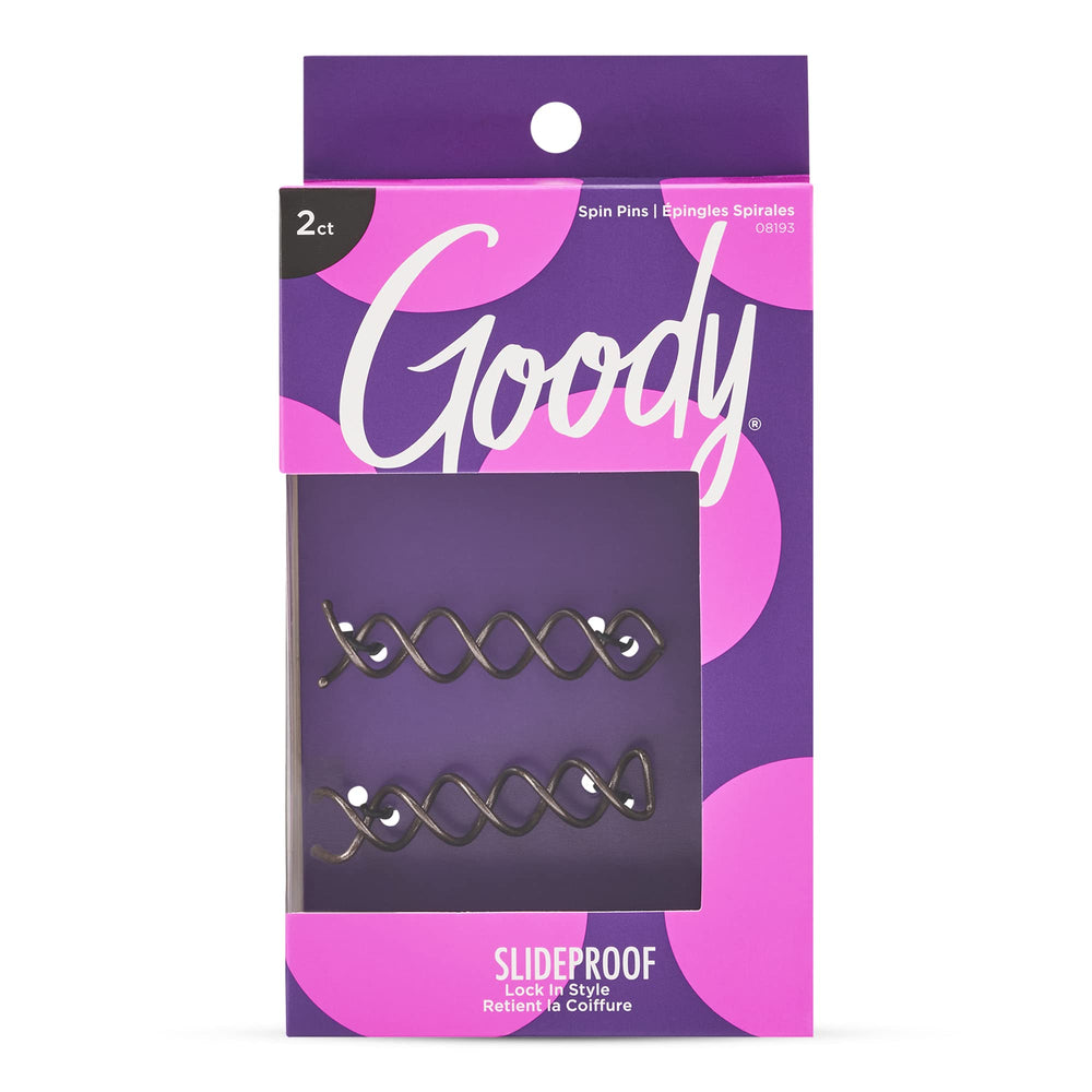Goody mini spin pins front package showing two corkscrew bobby pins for secure styles