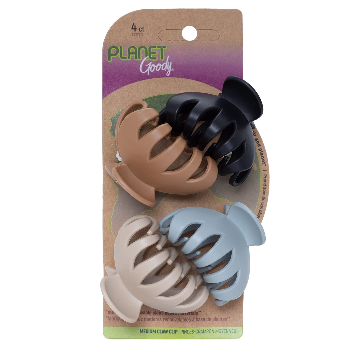 GOODY front packaging showing four neutral claw clips and sustainable branding benefit
