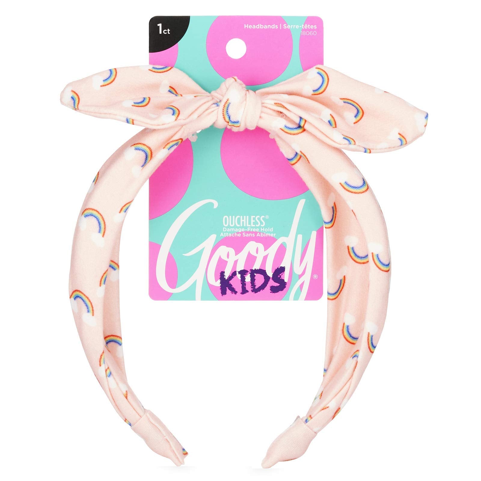 GOODY rainbow print headband front view showing playful peach color and knot, adds style