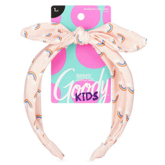 GOODY rainbow print headband front view showing playful peach color and knot, adds style