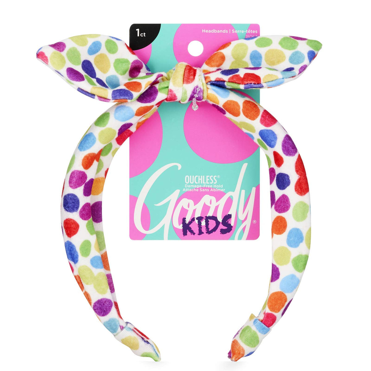 GOODY rainbow polka dot headband front view shows vibrant colors and playful knot for style