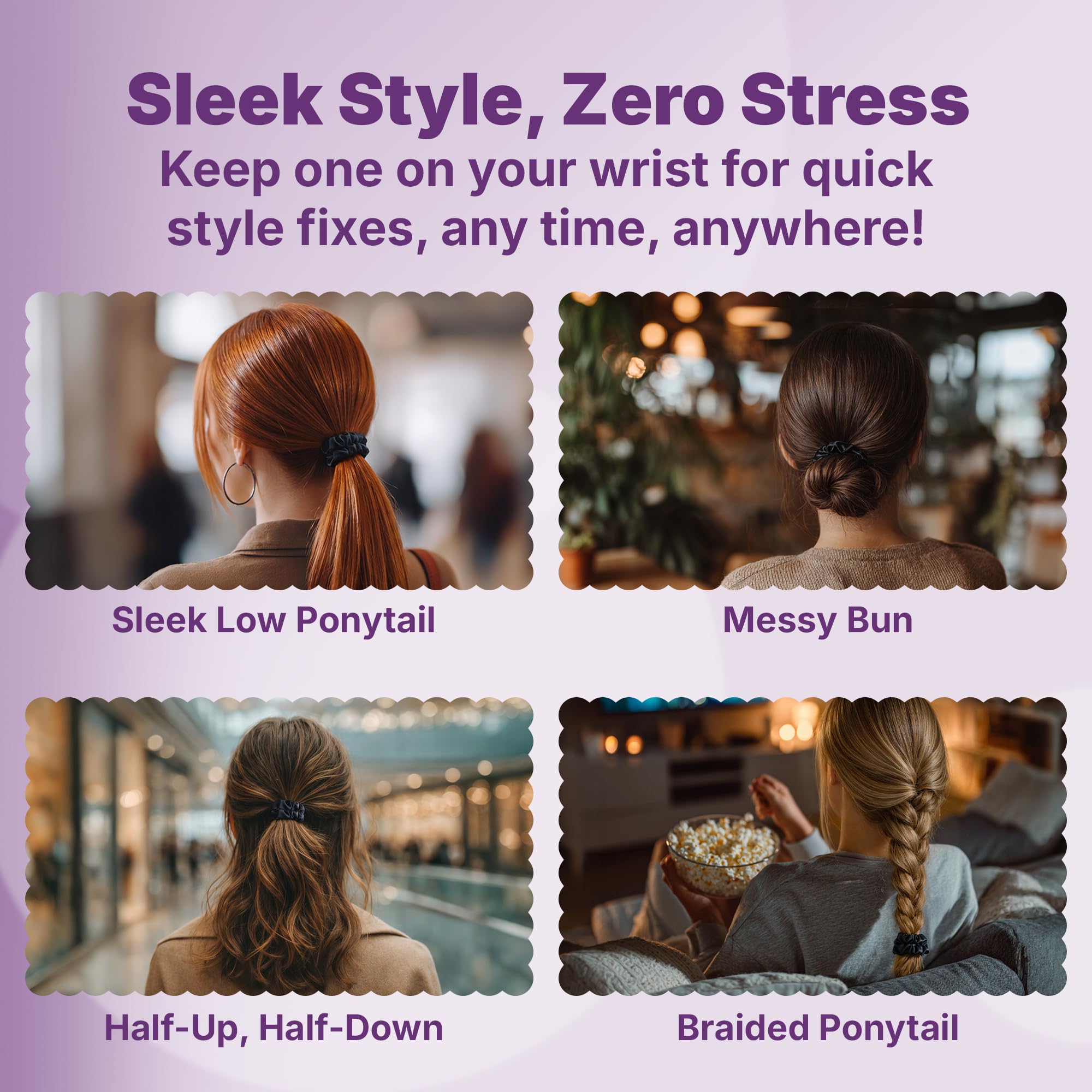 GOODY scrunchie stacked beside a regular elastic to show less bulk and gentler hold