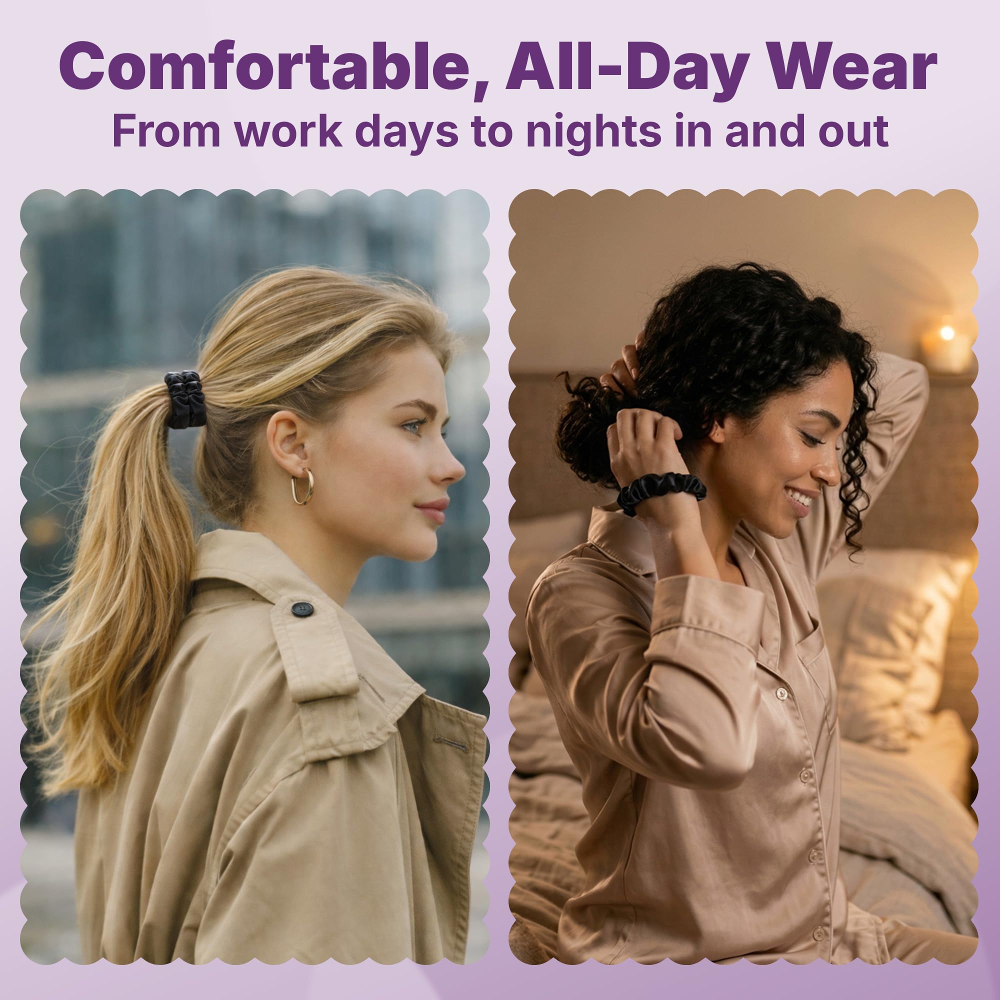 GOODY scrunchie securing a low ponytail, showing gentle, secure hold without creases