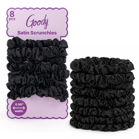 GOODY front packaging showing eight black satin scrunchies and neat arrangement benefit: organized storage