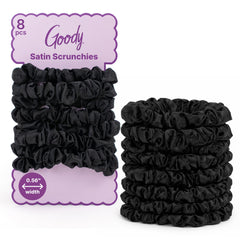 GOODY front packaging showing eight black satin scrunchies and neat arrangement benefit: organized storage