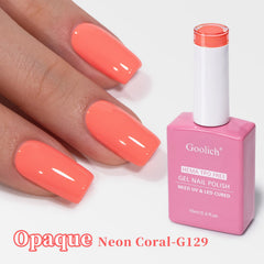 Goolich swatched on nails showing vibrant coral finish benefit