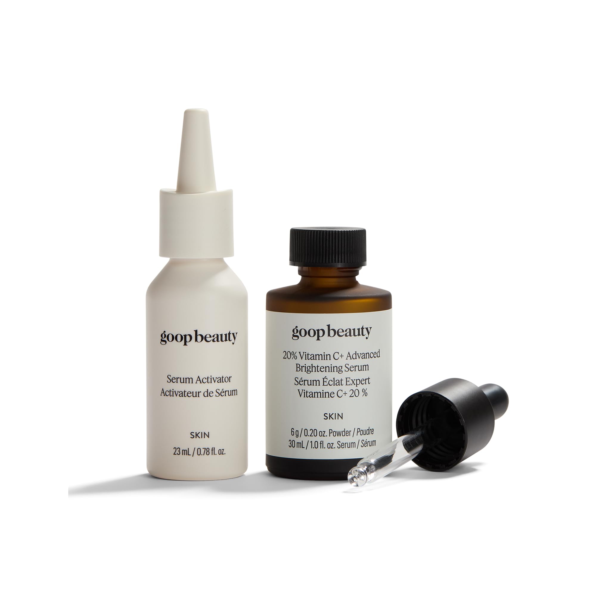 goop amber glass bottle front view showing brightening serum benefit