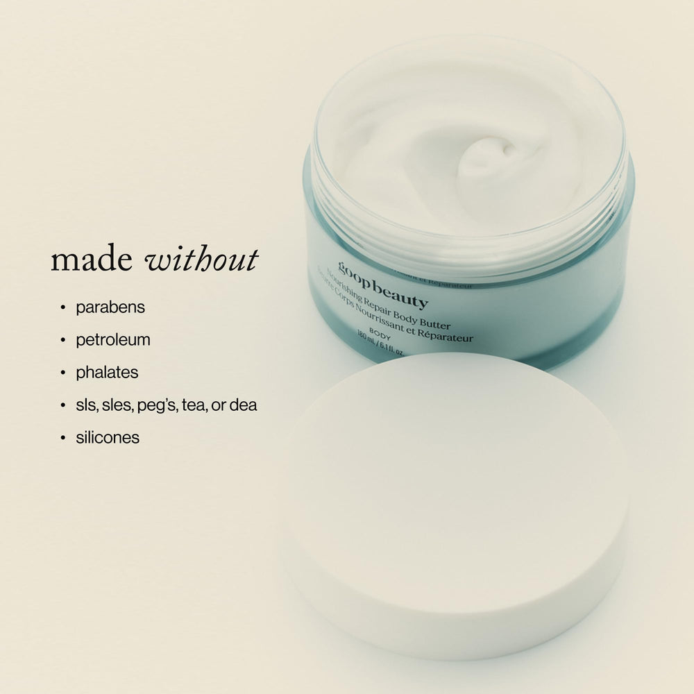 goop body butter label close-up showing ingredients and clean formulation benefit