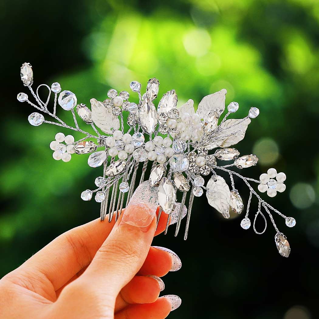 GORAIS front view of leaf bridal comb showing full design and sparkle benefit