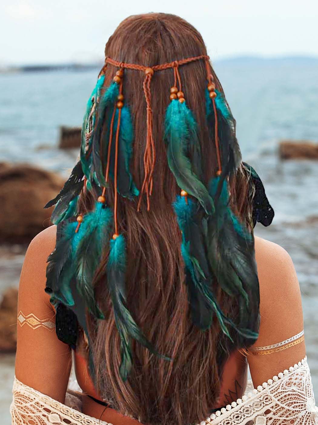 GORTIN boho headband front view showing full feather design and boho style benefit
