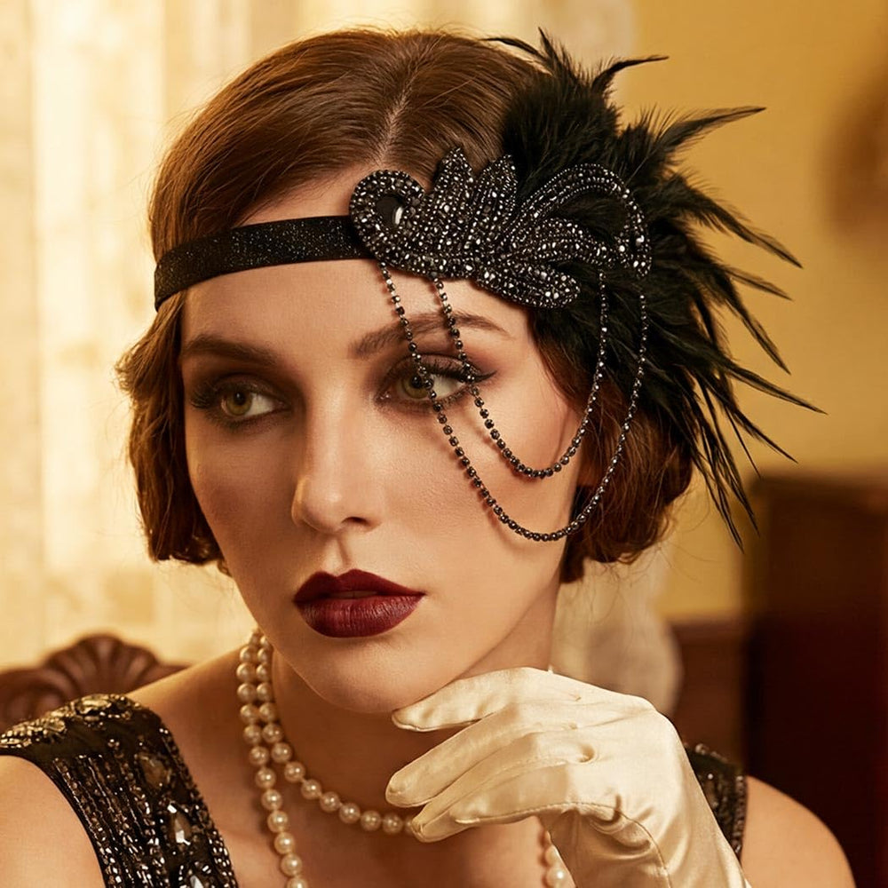 GORTIN profile view of black feather plume providing dramatic Gatsby flair