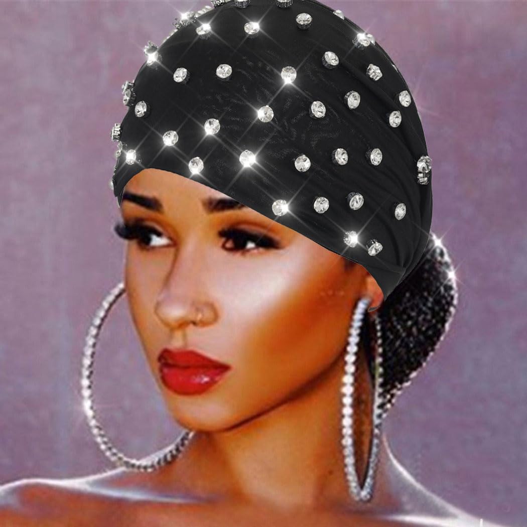 GORTIN front view black rhinestone headband showing secure fit and sparkle