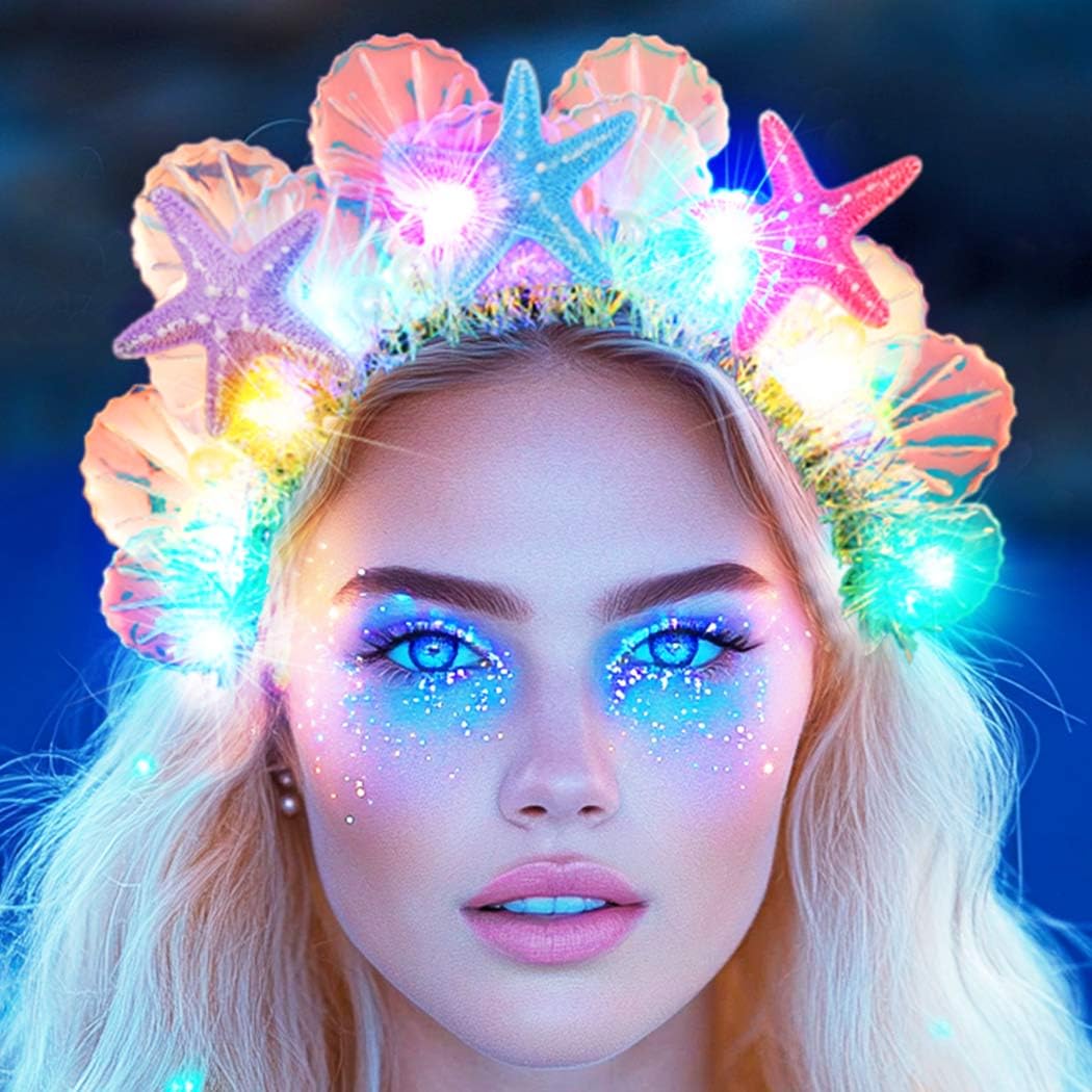 GORTIN mermaid headband front view showing seashells and starfish glow benefit