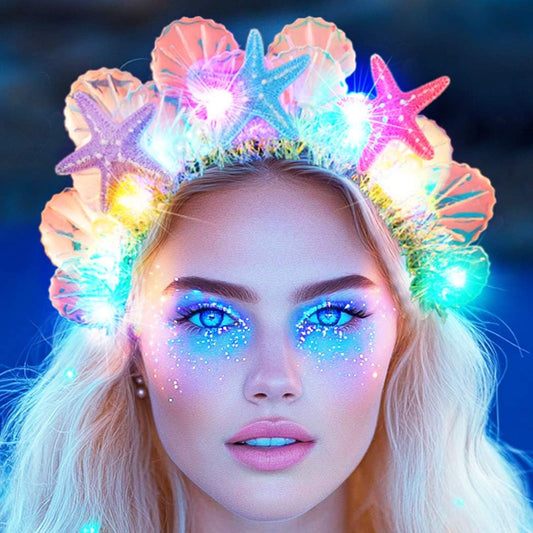 GORTIN mermaid headband front view showing seashells and starfish glow benefit