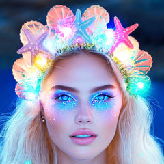 GORTIN mermaid headband front view showing seashells and starfish glow benefit