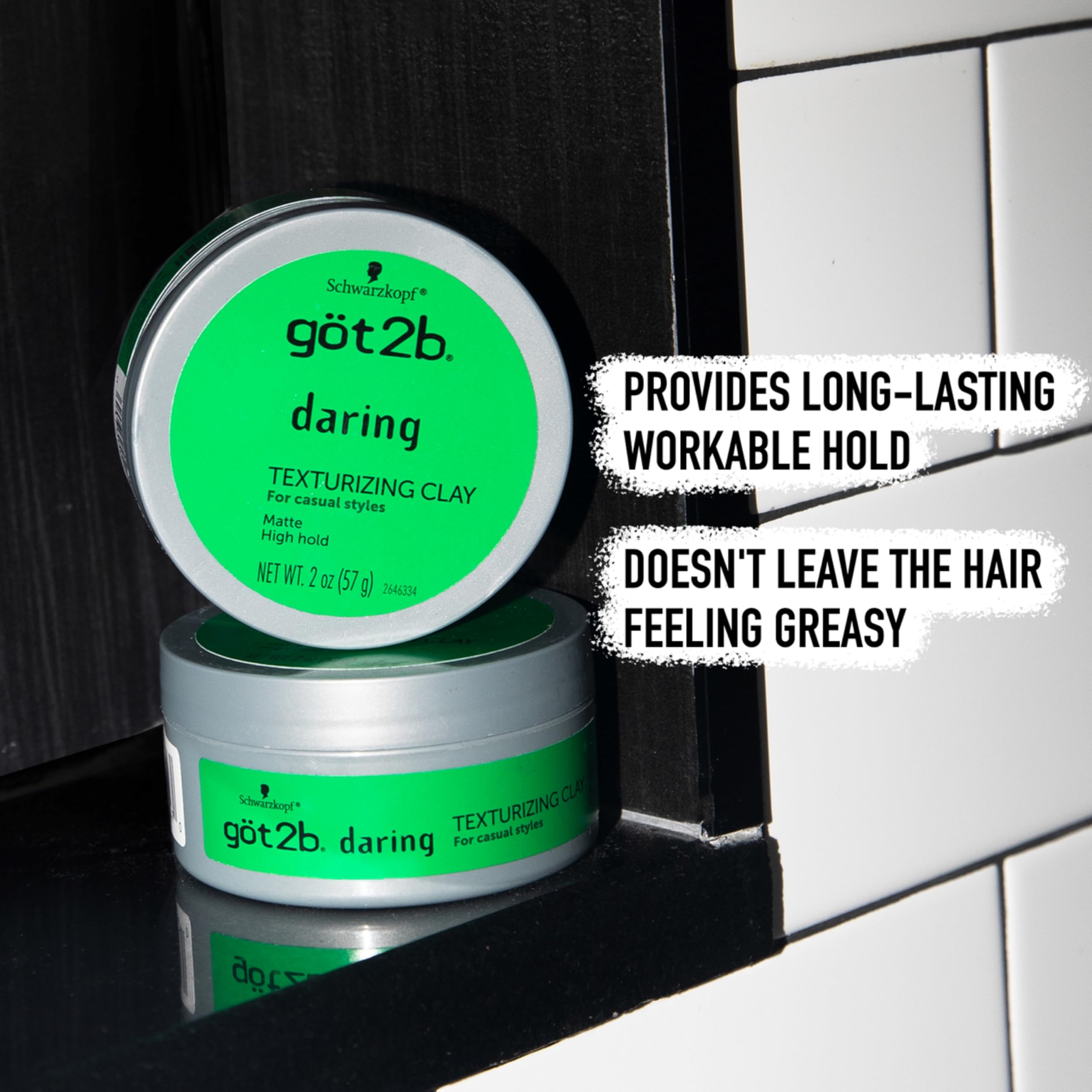 Got2B clay on bathroom shelf in lifestyle scene indicating everyday convenience benefit