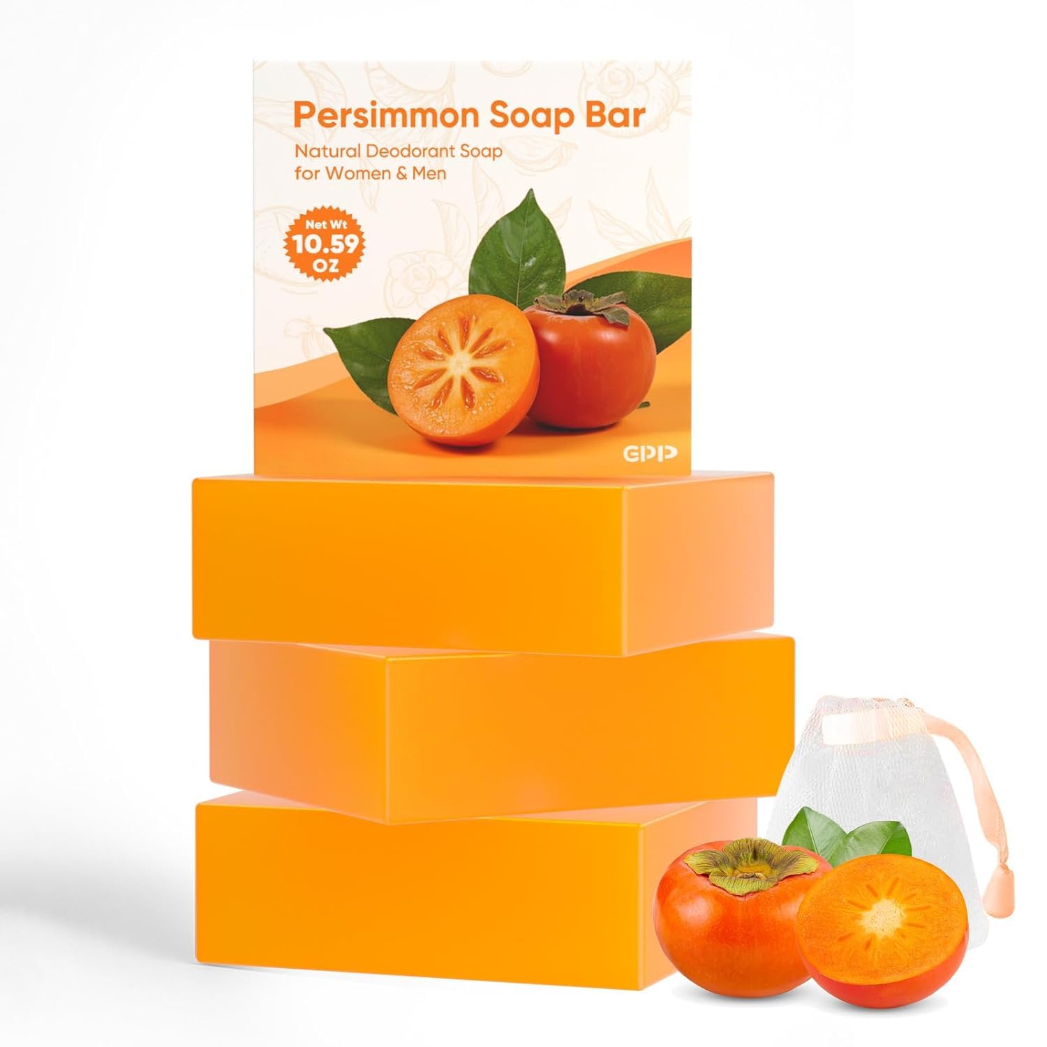 Flatlay of GPP persimmon soap with natural ingredients for antioxidant benefits