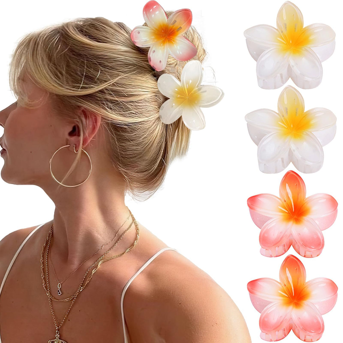 GQLV front view of four floral clips showing colors and shape, stylish hold