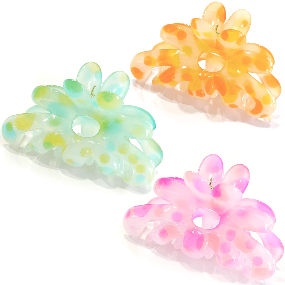 GQLV front packaging showing three colorful flower claw clips and branding benefit: organized gift-ready set