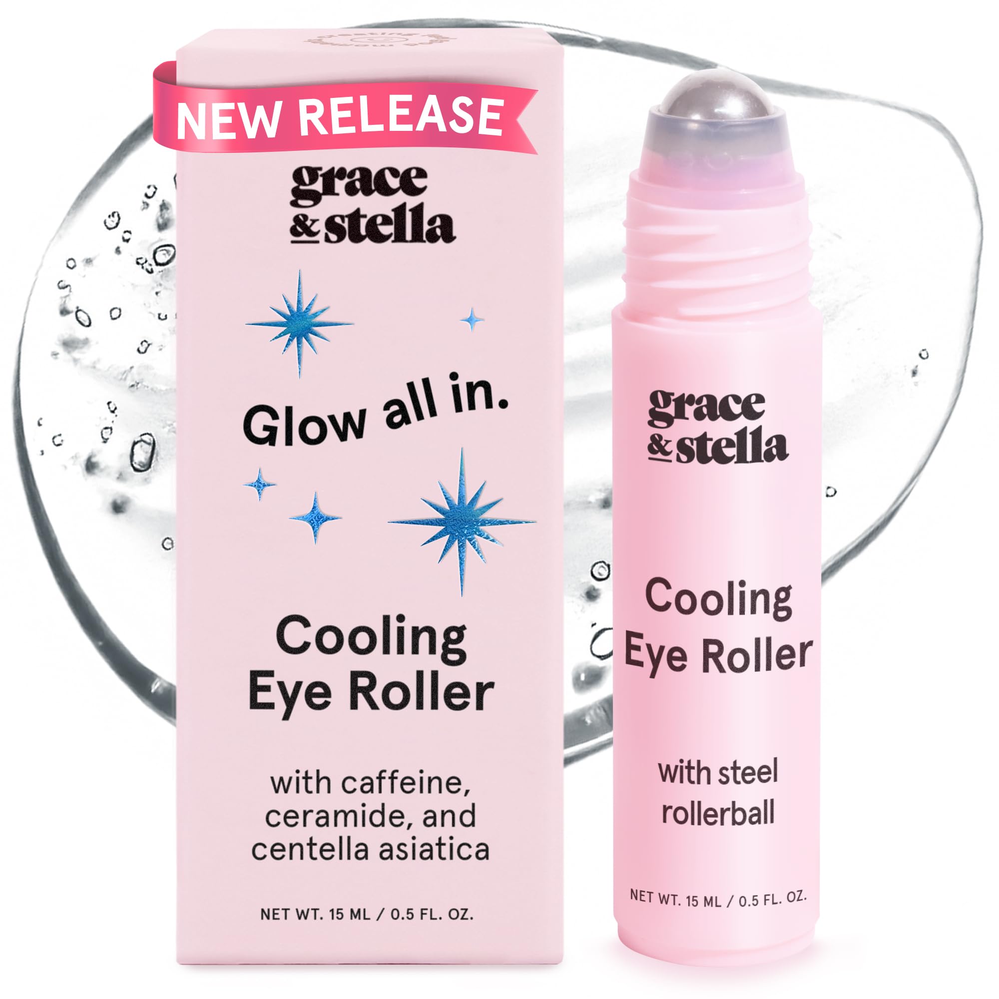 grace & stella front packaging showing roller and logo, conveys portability and freshness