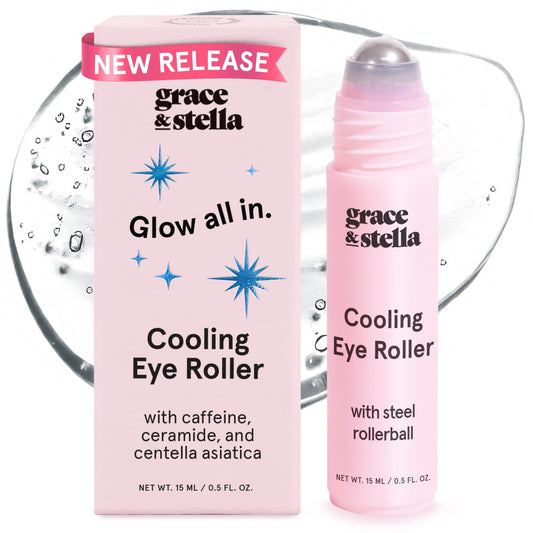 grace & stella front packaging showing roller and logo, conveys portability and freshness