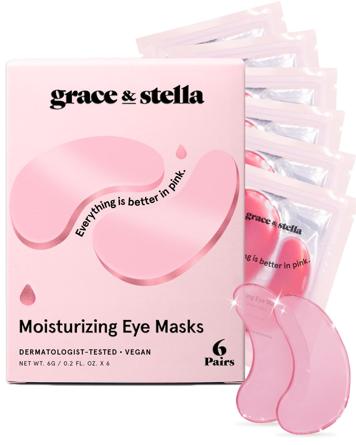 grace & stella front packaging showing pink under-eye masks and benefits