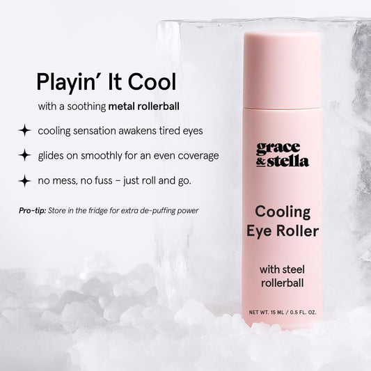 grace & stella metal rollerball close-up providing cool massage and immediate soothe