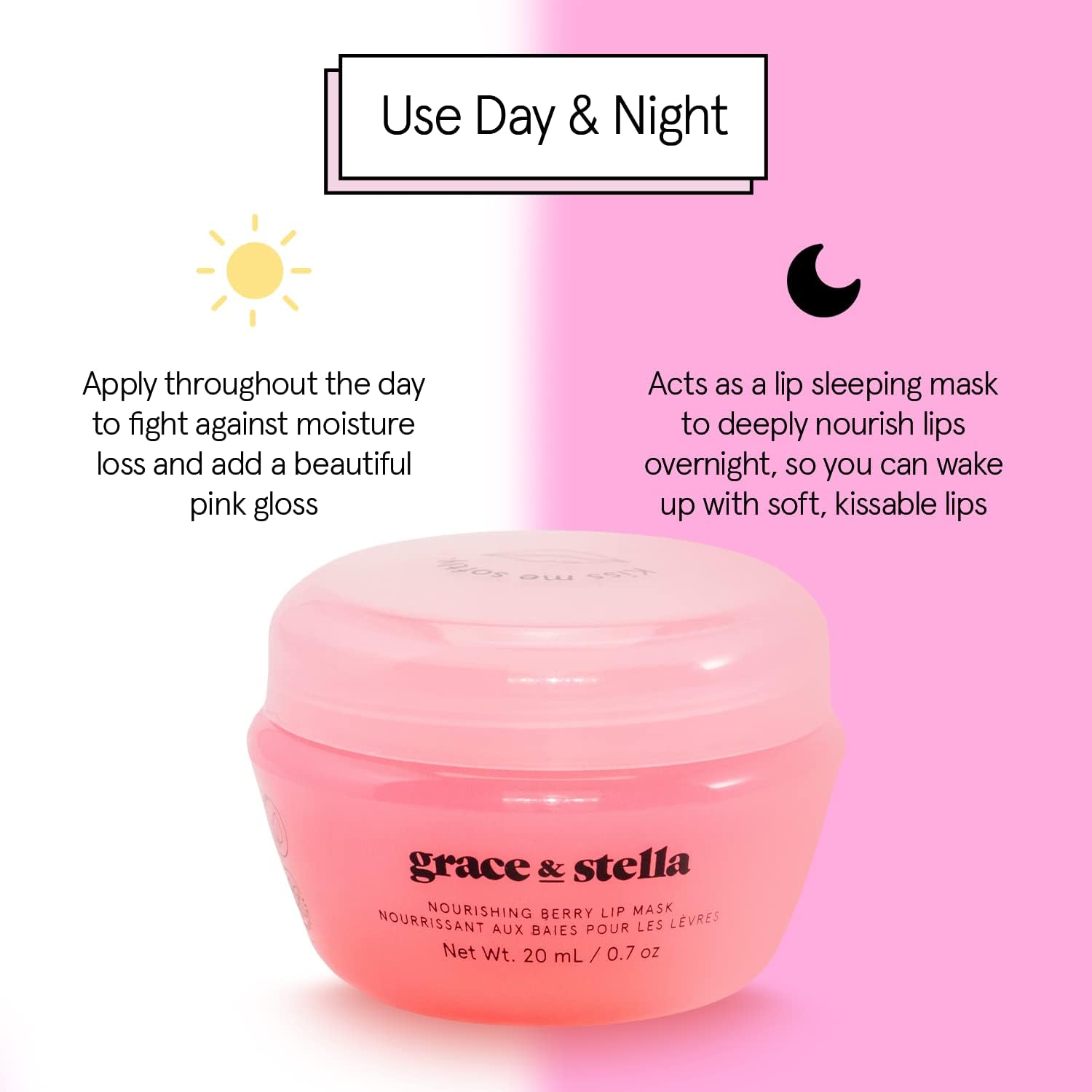 grace & stella bedside jar showing overnight lip mask use for intense hydration